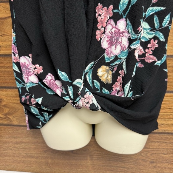 Twenty second size small twist front Floral Black Blouse with Pink Accents - Picture 6 of 7